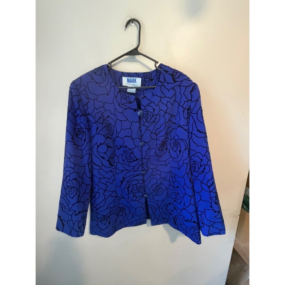 Vintage Mark Royal Blue Black Flocked Rose Glitter Blazer Jacket Size 16